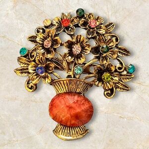 Vintage Floral Bouquet Vase Brooch Pin Gold Tone Rhinestone Faceted Cabochon